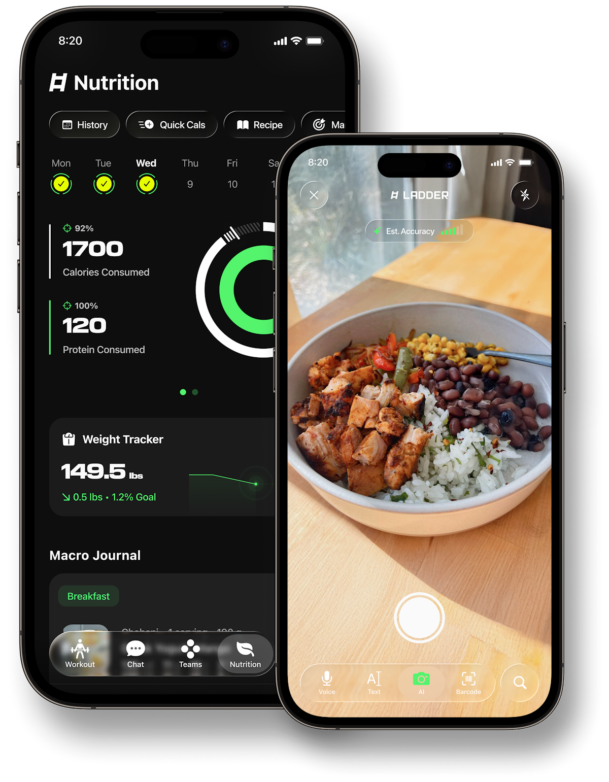 Ladder nutrition tracking showing meal logging and macro tracking