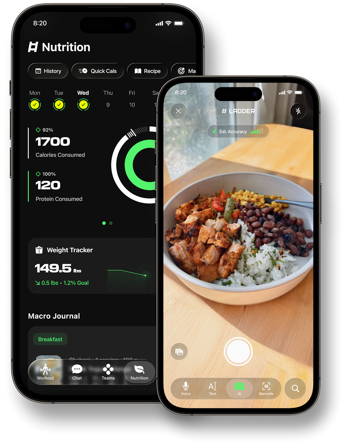 Ladder nutrition tracking showing meal logging and macro tracking